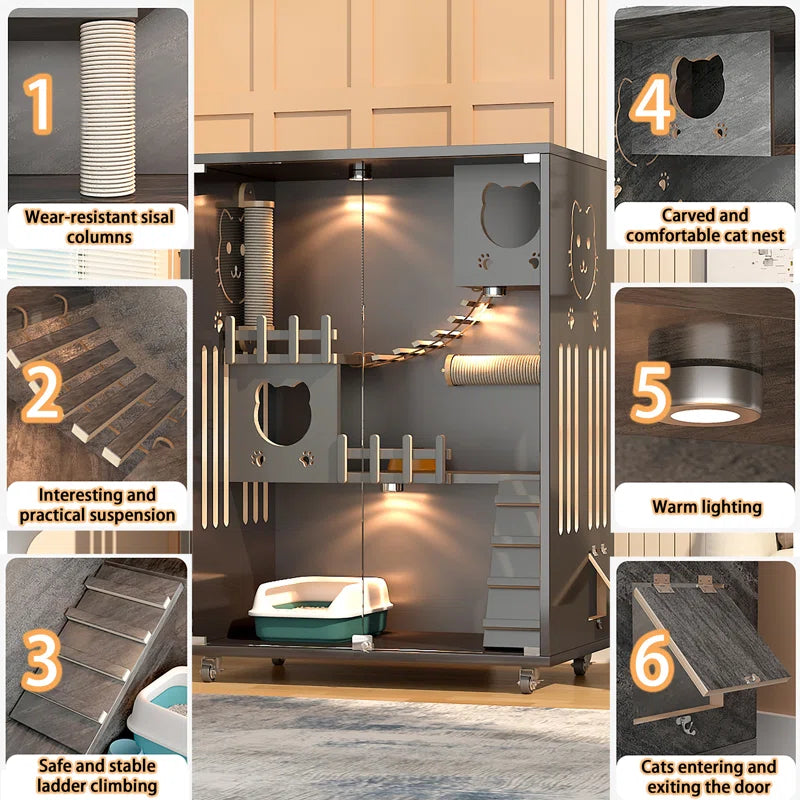 Desara Wooden Cat Villa, Large Cat Enclosure, Indoor Enclosed Cat House