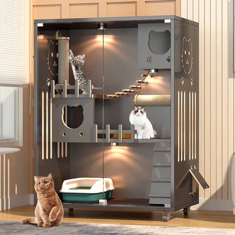 Desara Wooden Cat Villa, Large Cat Enclosure, Indoor Enclosed Cat House