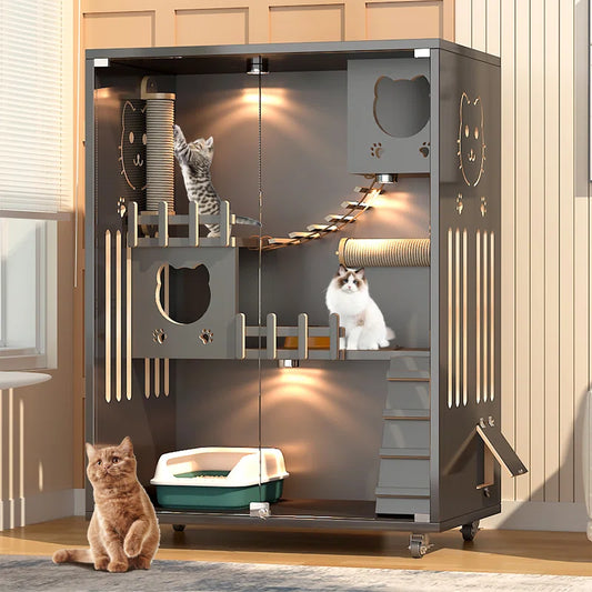 Desara Wooden Cat Villa, Large Cat Enclosure, Indoor Enclosed Cat House