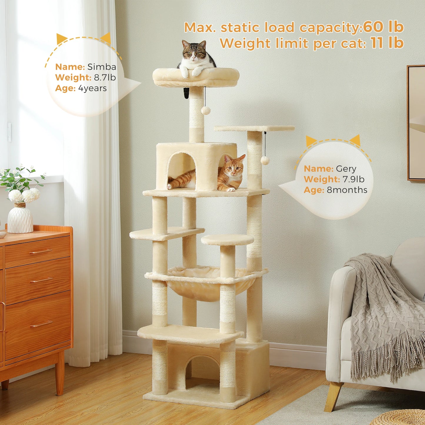 Multi-Level Luxury Cat Tree Tower with Condo Hammock Cat Scrapers with Scratching Post Cat Accessories Cat Toy for Indoor Cats